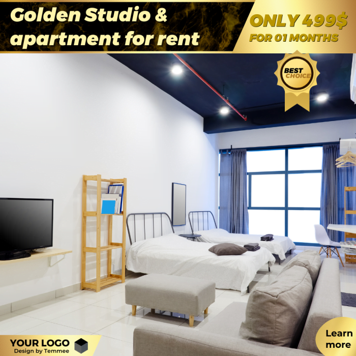 Golden Studio & căn hộ cho thuê - Mẫu bài đăng Canva trên Facebook, Instagram, Linkedin