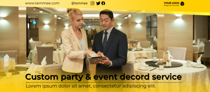 Golden and yellow custom party & event decord service, event planner, organizer Canva Facebook cover template