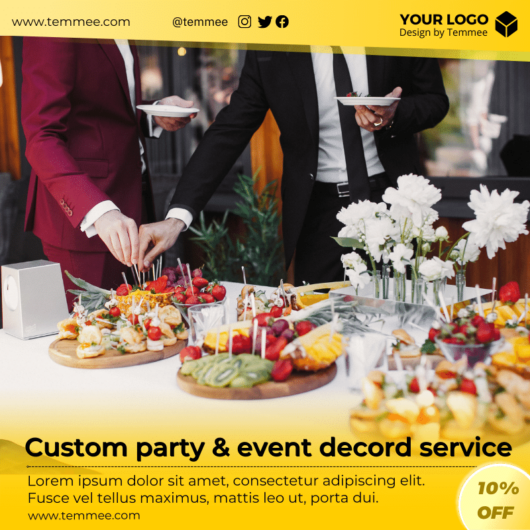 Golden and yellow custom party & event decord service, event planner, organizer Facebook, Instagram, Linkedin post template