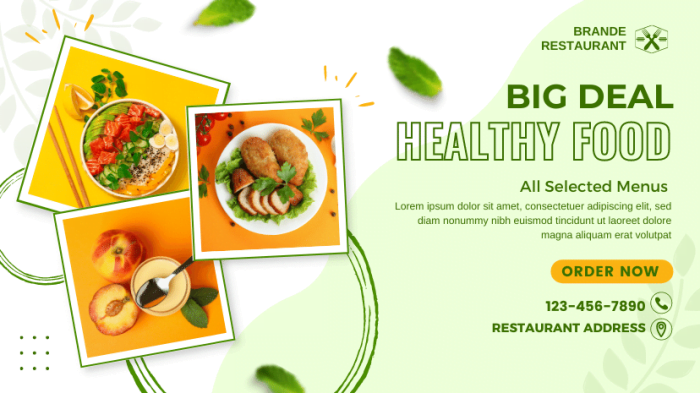 Green and white template facebook cover big deal healthy food restaurant cover design. Design by Canva Free