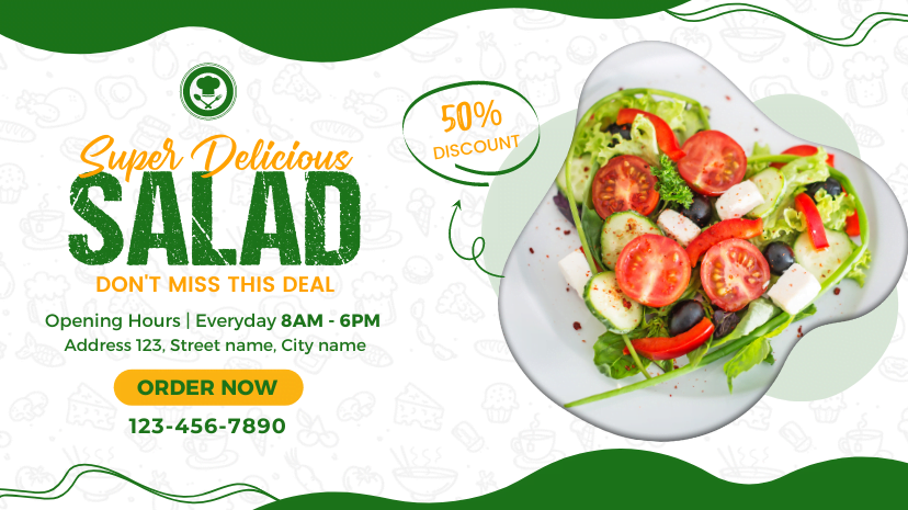 Green and white template facebook cover, super delicious food salad restaurant cover design