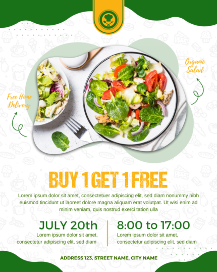 Green and white template facebook post, super delicious food salad restaurant post design
