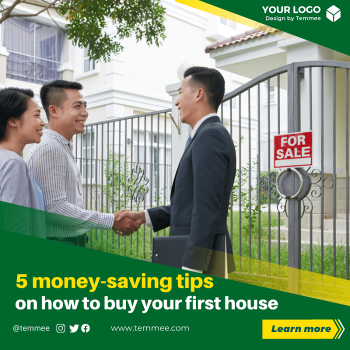 Green and yellow money-saving tips on how to buy your first house Facebook, Instagram, Linkedin post template