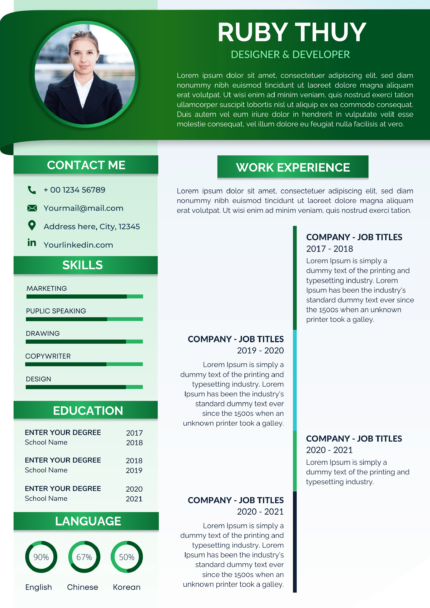 Green gradient creative and modern resume template design template for graphic designer