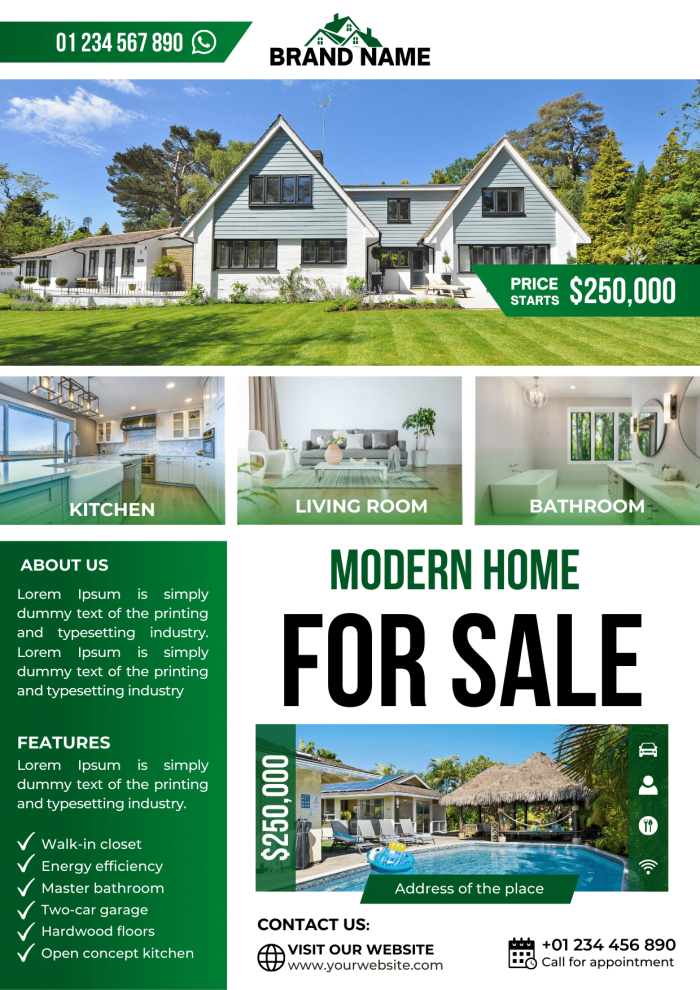 Green gradient real estate flyer/poster design template. Apply to anyone in the real estate business, Interior Design, Hotels and Resorts, Furniture