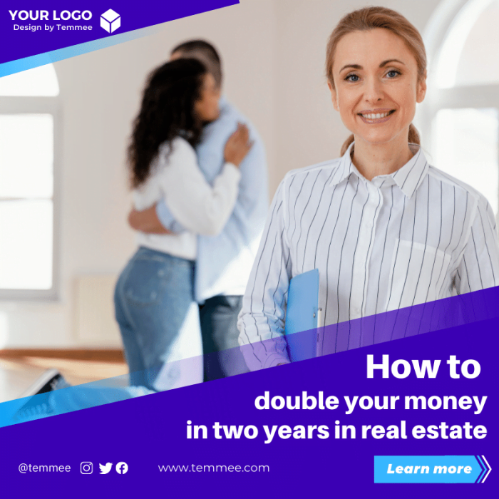 Light blue and purple How to double your money in two years in real estate Canva Facebook, Instagram, Linkedin post template