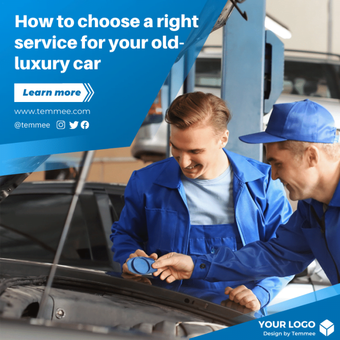 Light blue gradient How to choose a right service for your old- luxury car Facebook, Instagram, Linkedin post template
