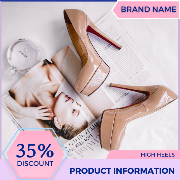 Mẫu Canva quảng cáo giày cao gót nữ màu xanh nhạt và màu hồng cho thương mại điện tử và phương tiện truyền thông xã hội, chương trình giảm giá