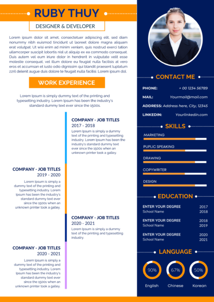 Orange gradient creative and modern resume design template for any industry