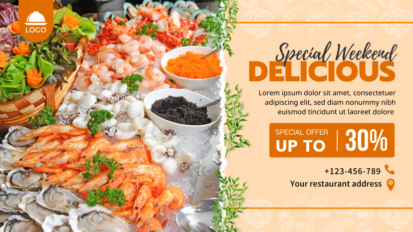 Orange light template facebook cover, special discount seafood restaurant cover design