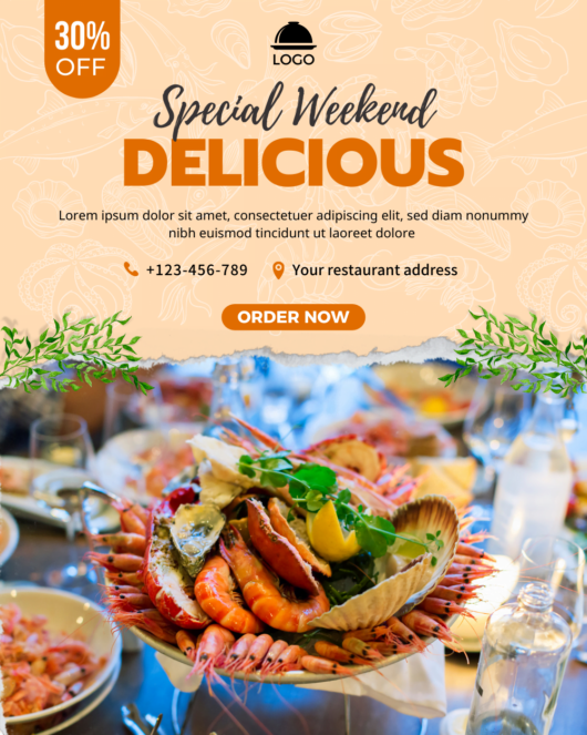 Orange light template facebook post, special discount seafood restaurant post design