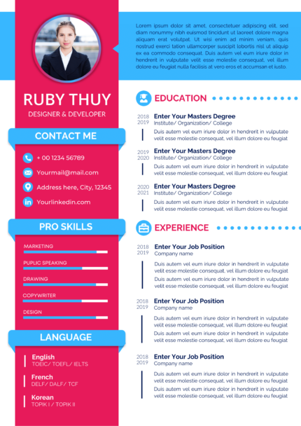Pink creative resume template design template is suitable for all professions