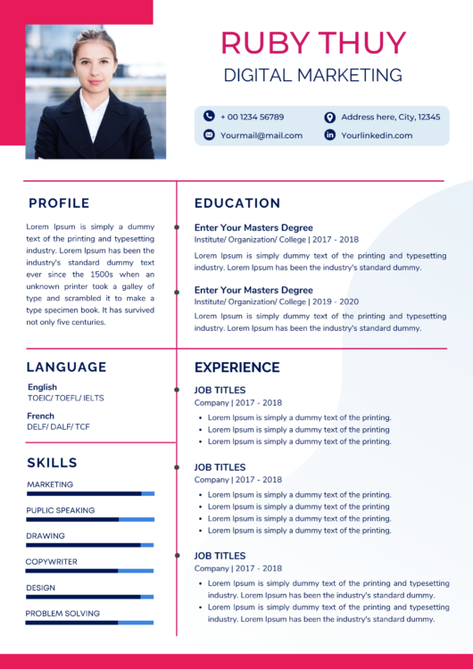 Pink gradient creative resume template design for digital marketing