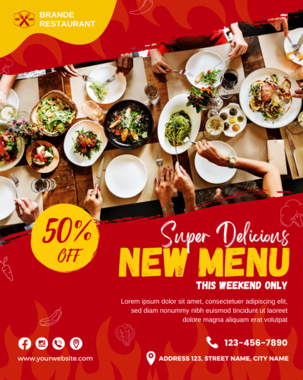 Post, banner red restaurant food social media template. Design by Canva Free