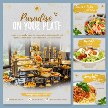 Golden waffles album post facebook, instagram template for food restaurant. Design by Canva Free