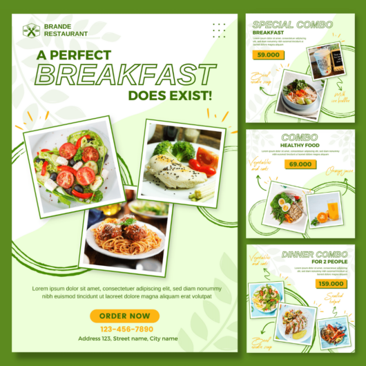 Green and white album post facebook, instagram template for big deal healthy food restaurant. Design by Canva Free