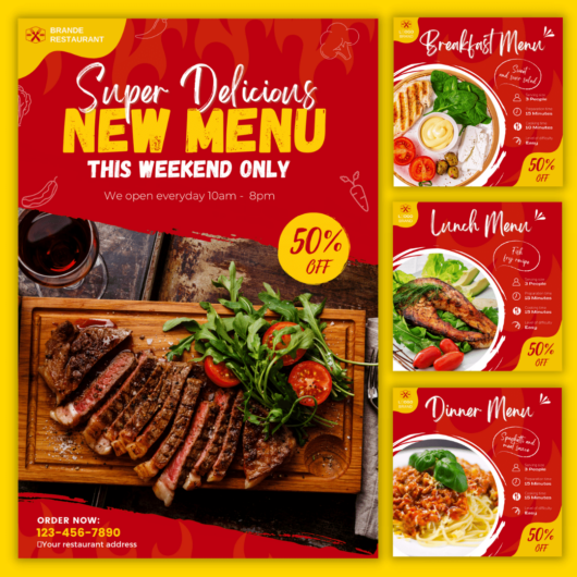 Red album post facebook, instagram template for food restaurant. Design by Canva Free