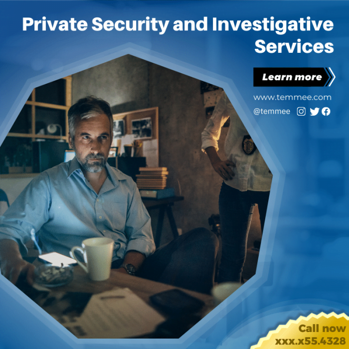 Private Security and Investigative Services Canva Facebook, Instagram, Linkedin post template