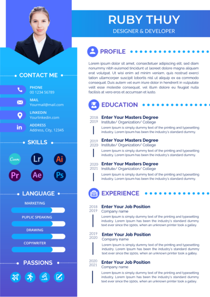 Purple and blue gradient creative and modern cv-resume design template for any industry