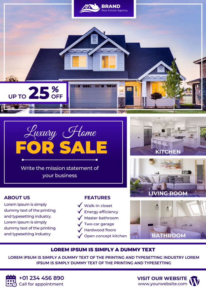Purple gradient Real Estate Brochure/Poster Design Template. Apply to anyone in the real estate business, Interior Design, Hotels and Resorts, Furniture