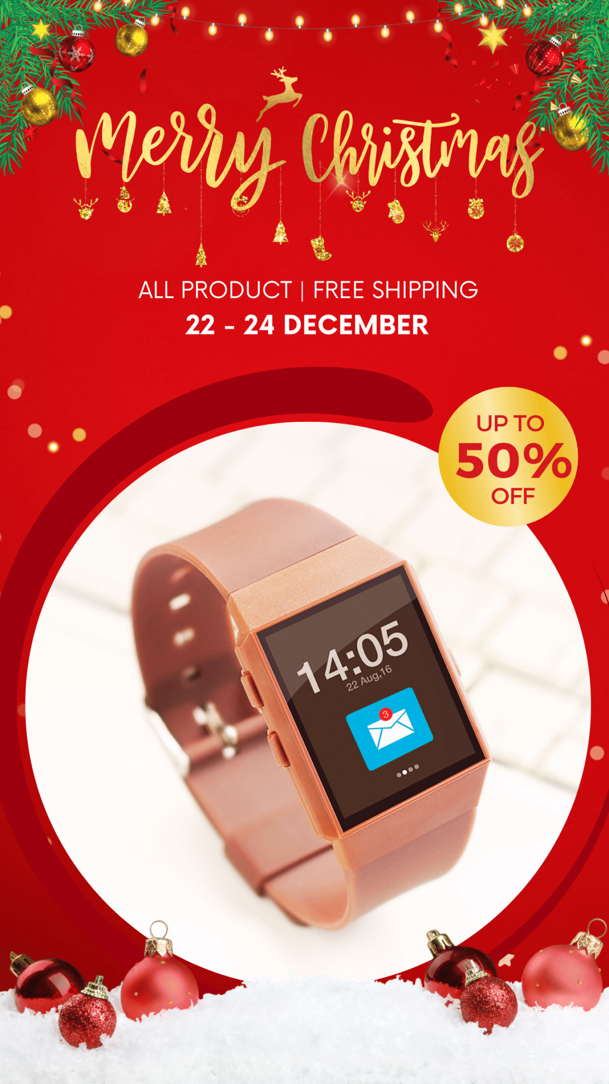 Red Christmas theme design template for smart watch store, instagram social seling, facebook story post template