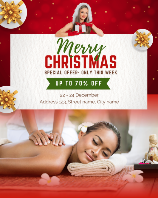 Red Christmas theme design template for spa service, instagram social selling, facebook post template