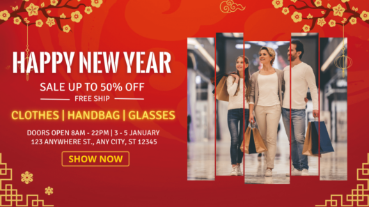 Red Lunar New Year theme design template for fashion store, facebook cover template
