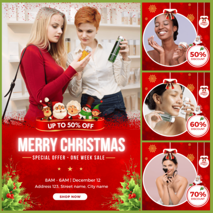 Red design template for cosmetics store, Christmas sale social media Instagram, facebook album post template 23