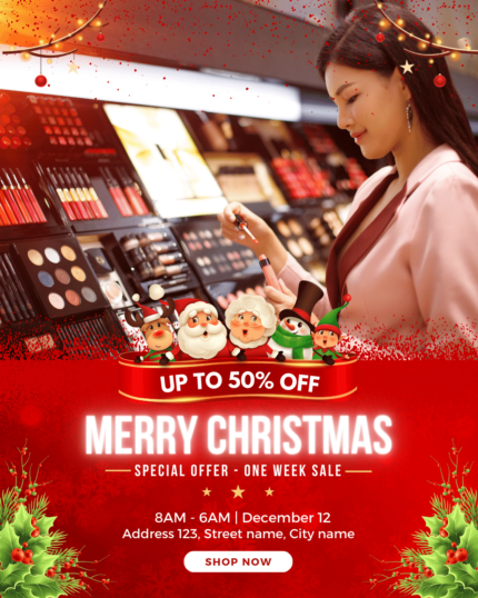 Red design template for cosmetics store, Christmas sale social media Instagram, facebook post template