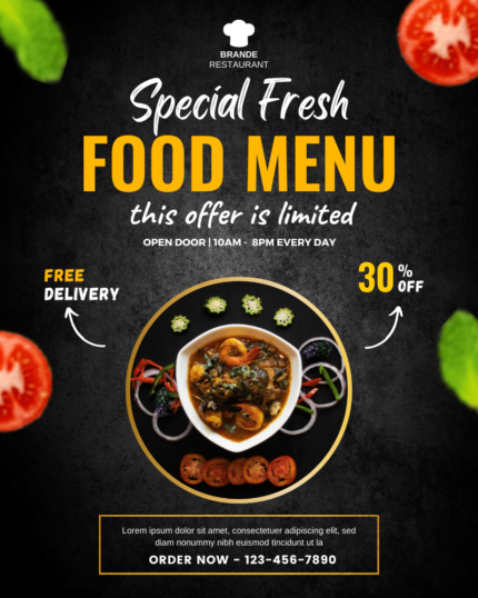 Special fresh Food menu social media post template, black gradient. Design by Canva Free