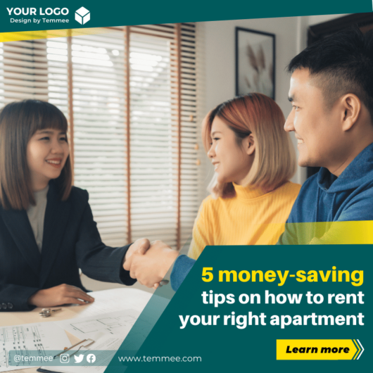 Teal and yellow money-saving tips on how to rent your right apartment Canva Facebook, Instagram, Linkedin post template