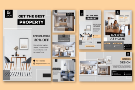 Collection of promotional post template for interior design, gray and black real estate