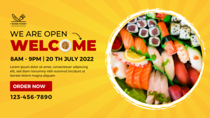 Yellow template facebook cover, special discount sushi & kimbap restaurant cover design