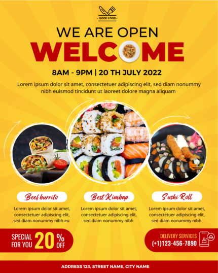 Yellow template facebook post, special discount sushi & kimbap restaurant post design