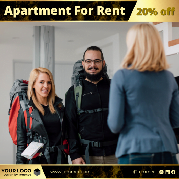 golden Apartment, studio, Houses, Condos, and Apartments For Rent Canva Facebook, Instagram, Linkedin post template