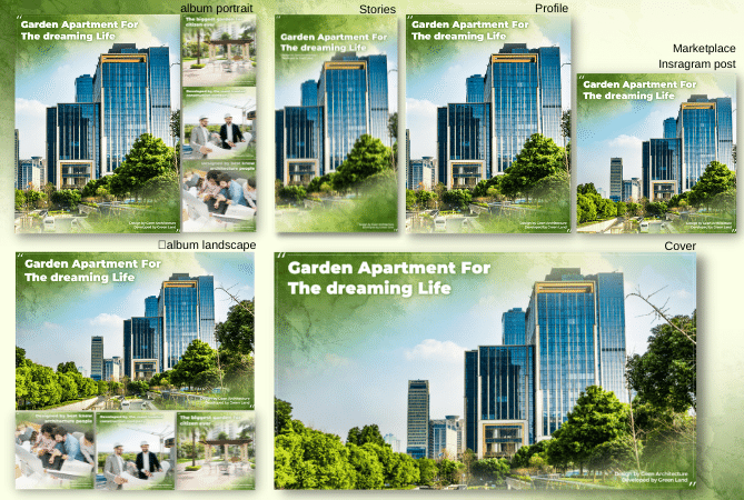 Social kit Canva template for green apartments, projects, real estate buildings with many ratios