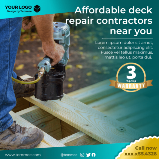 Teal gradience wood, Affordable deck repair contractors service Canva Facebook, Instagram, Linkedin post template