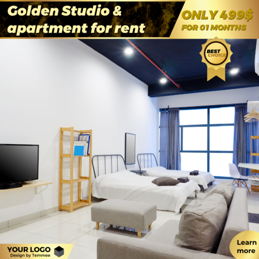 Golden Studio & apartment for rent Canva Facebook, Instagram, Linkedin post template