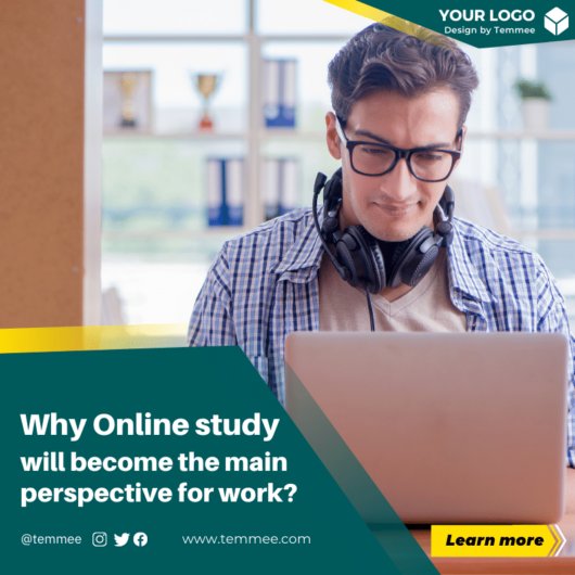 Teal and yellow Why Online study will become the main perspective for work Canva Facebook, Instagram, Linkedin post template