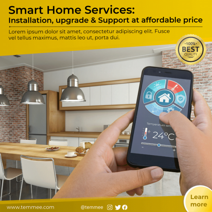 yellow, gold, golden Smart Home Services, smart device company Canva Facebook, Instagram, Linkedin post template