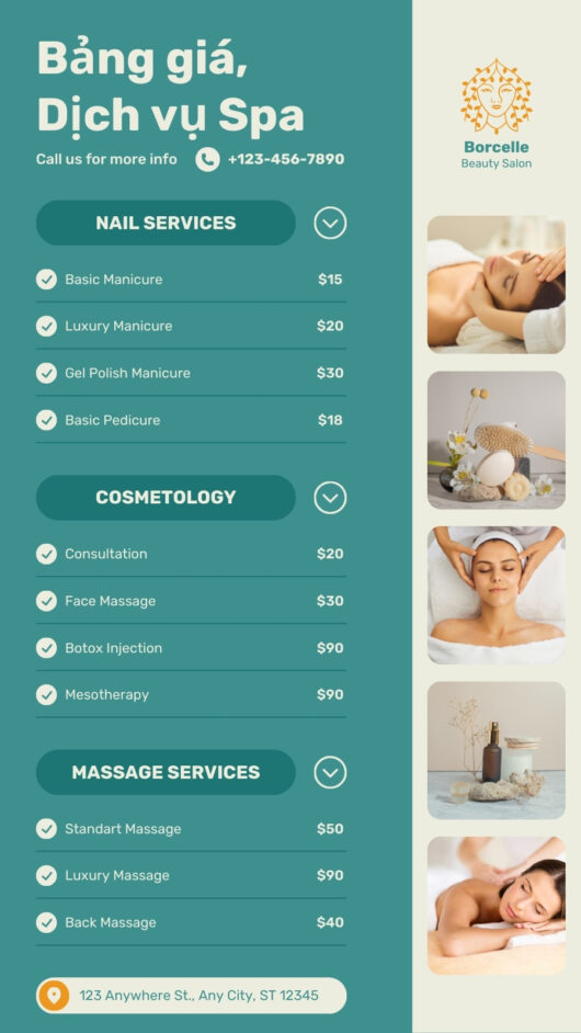 Mẫu Canva báo giá dịch vụ spa, chăm sóc da, nail, tóc, răng, xăm nghệ thuật và các dịch vụ làm đẹp khác màu xanh ngọc